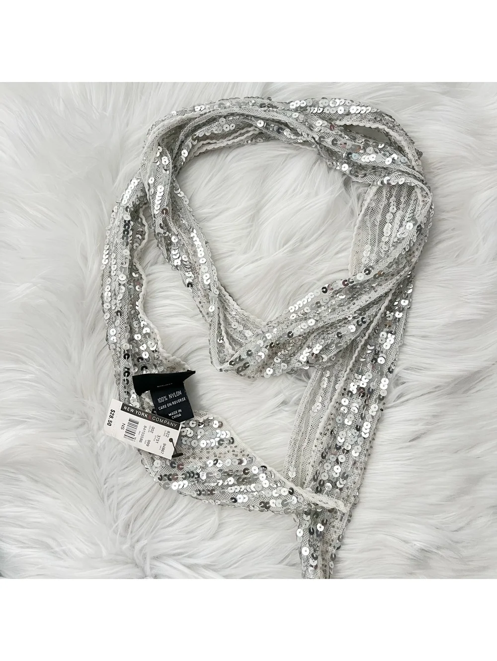 NWT New York & Company Silver Sequin Mesh Sash Belt Scarf Wrap 64”